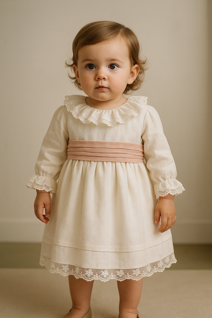Vestido em linho bege e faixa Rosa bebe