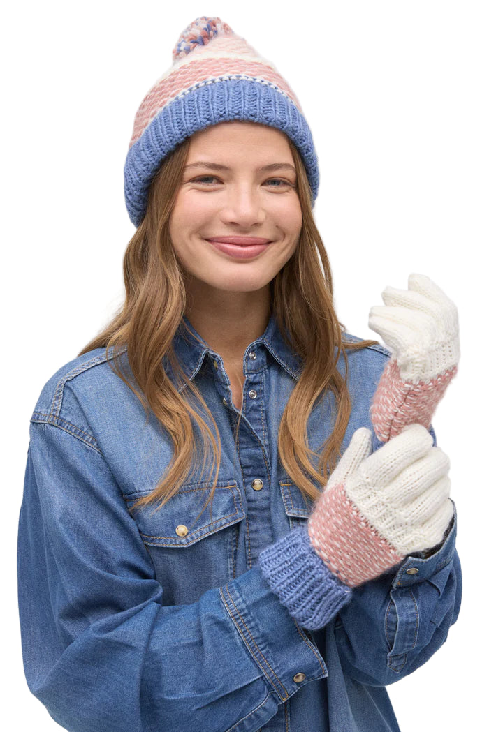Conjunto de Gorro e Luvas Rosa Cru Azul