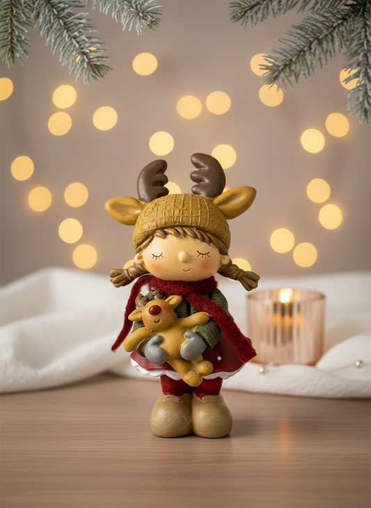 Polyresin Girl w/Reindeer | 18cm