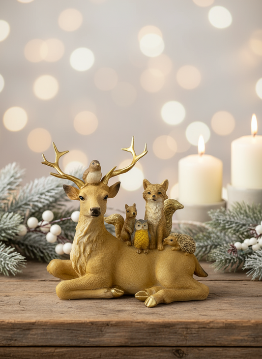 Reindeer Lying in Polyresin w/Animals | 16x16cm
