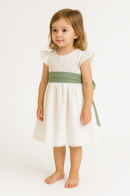 Vestido HG branco c/faixa verde seco