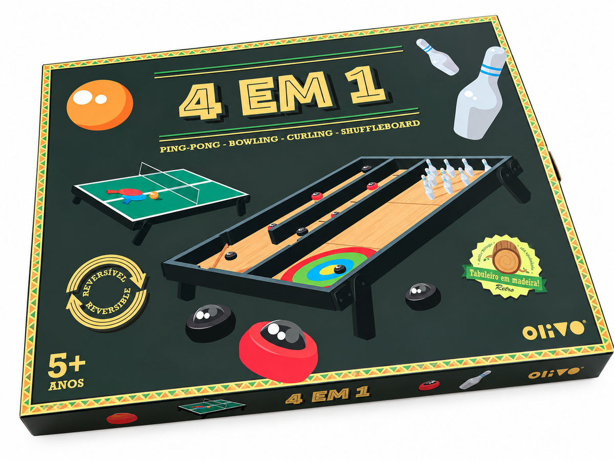 Jogo 4 em 1 Ping Pong, Bowling, Curling e Shuffleboard - Olivo Toys