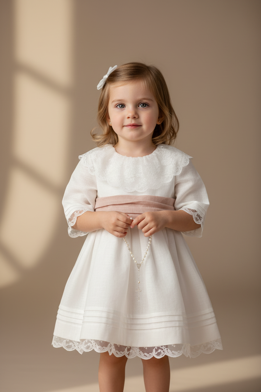 White linen dress with lace collar, dry pink sash