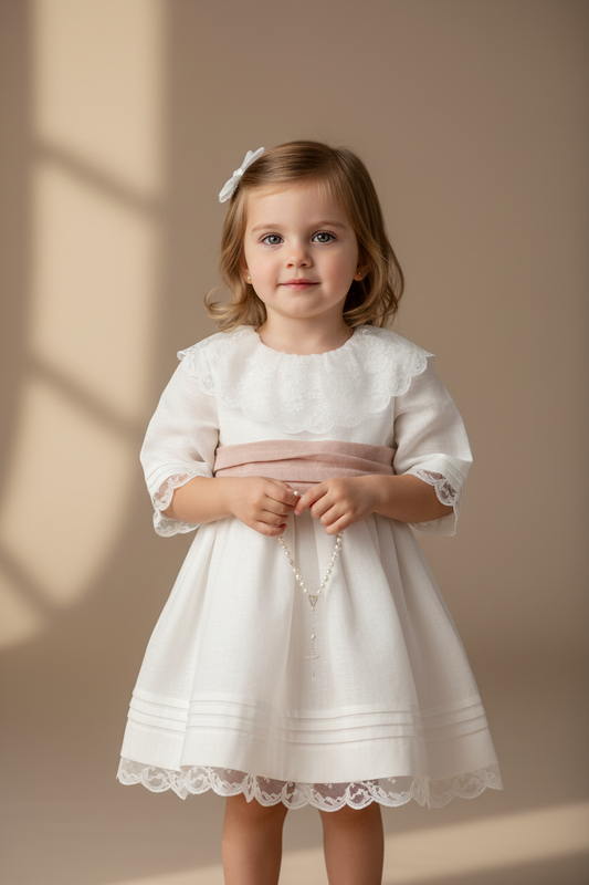 Robe en lin blanc avec col en dentelle, ceinture rose sec
