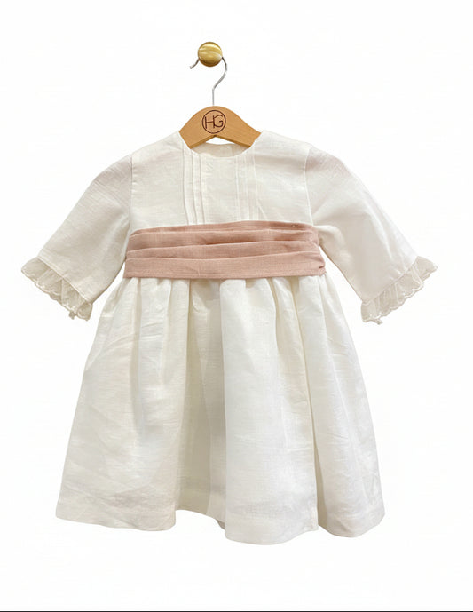 Vestido em Linho Bege Manga 3/4
