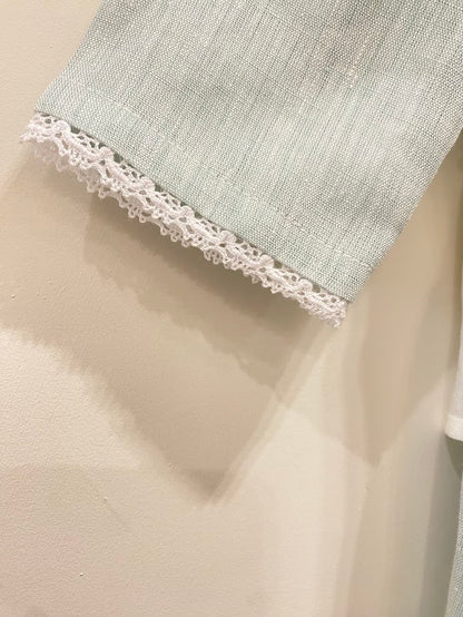 Aqua green linen dress with white belt