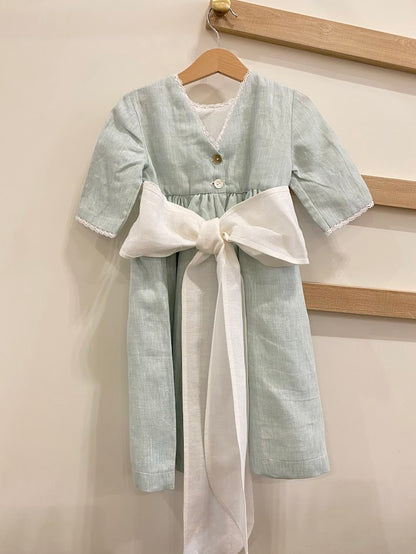 Aqua green linen dress with white belt