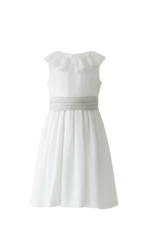 Vestido em linho branco c/faixa bege e pormenores de renda