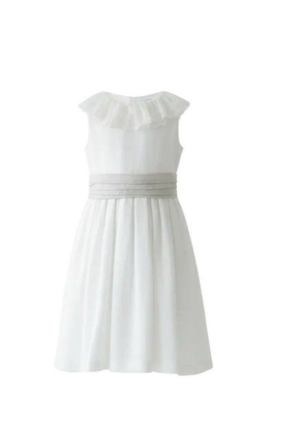 Vestido em linho branco c/faixa bege e pormenores de renda