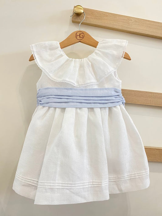 Vestido em linho s/manga c/ folho no decote