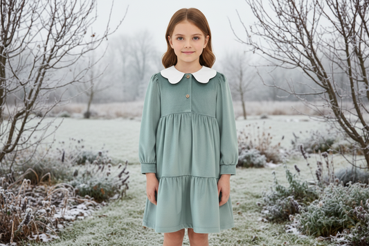 Robe en velours vert avec col fleuri