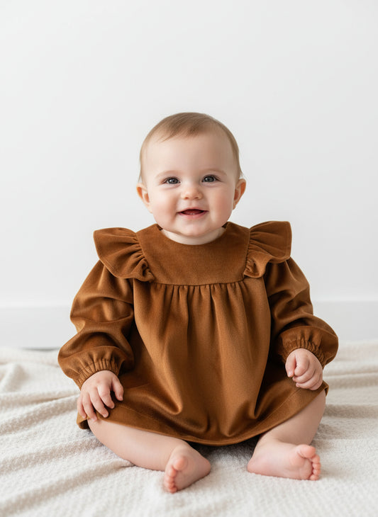 Vestido Veludo Camel com Folho