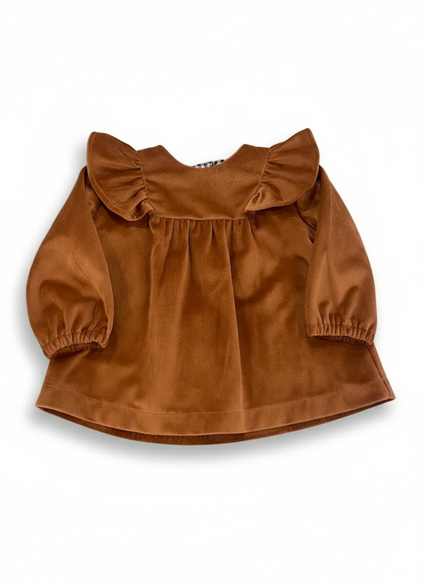 Vestido Veludo Camel com Folho