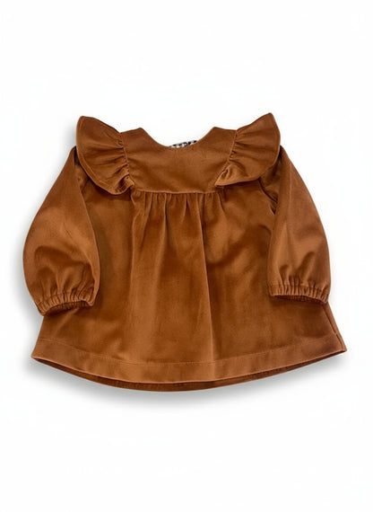 Vestido Veludo Camel com Folho