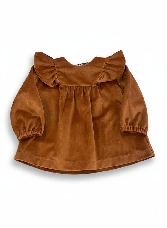 Vestido Veludo Camel com Folho