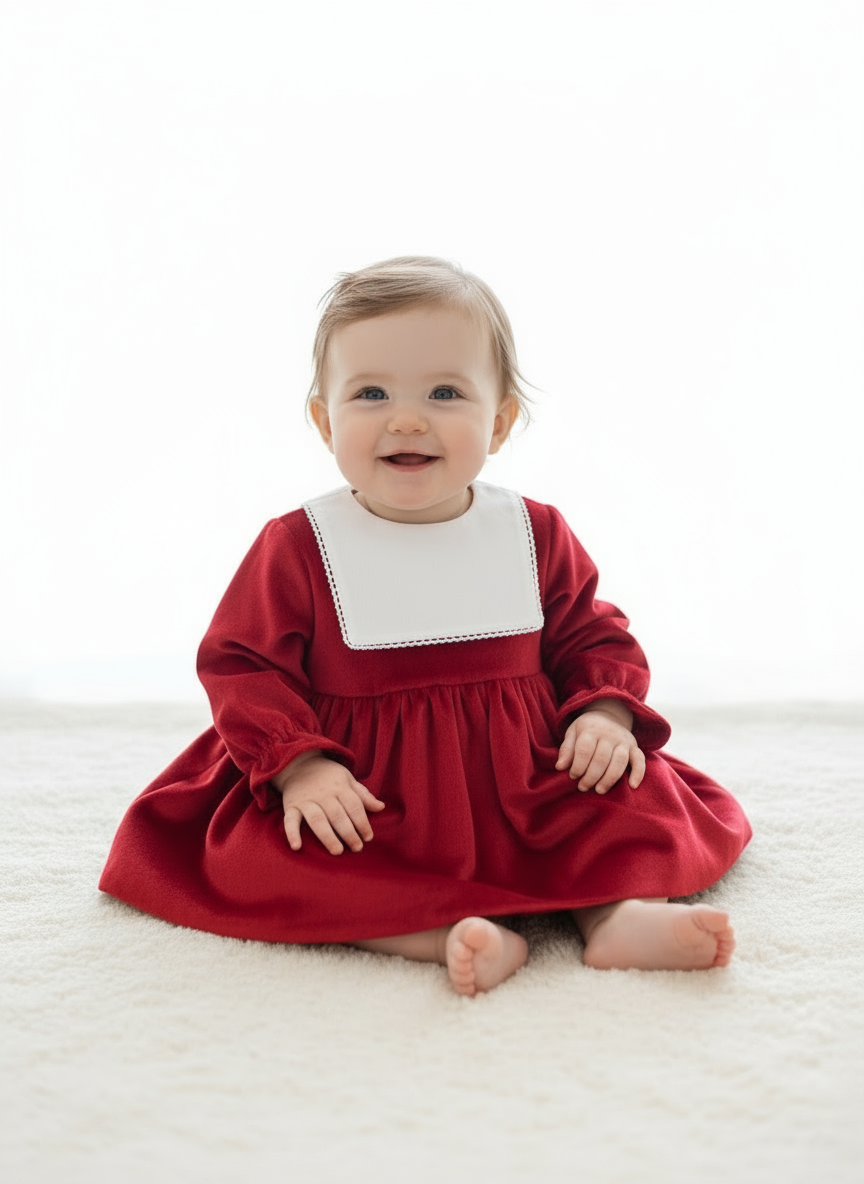 Red velvet dress with white collar.