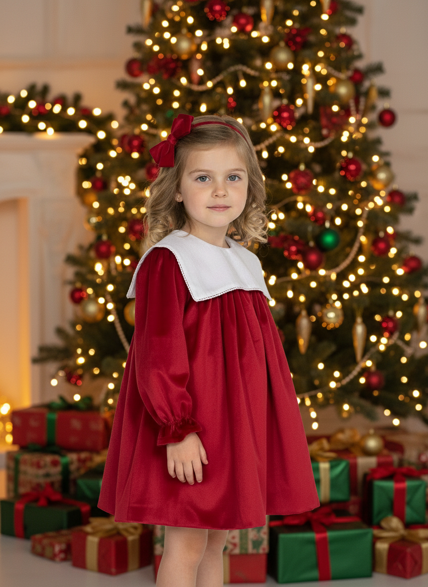 Red velvet dress with white collar.