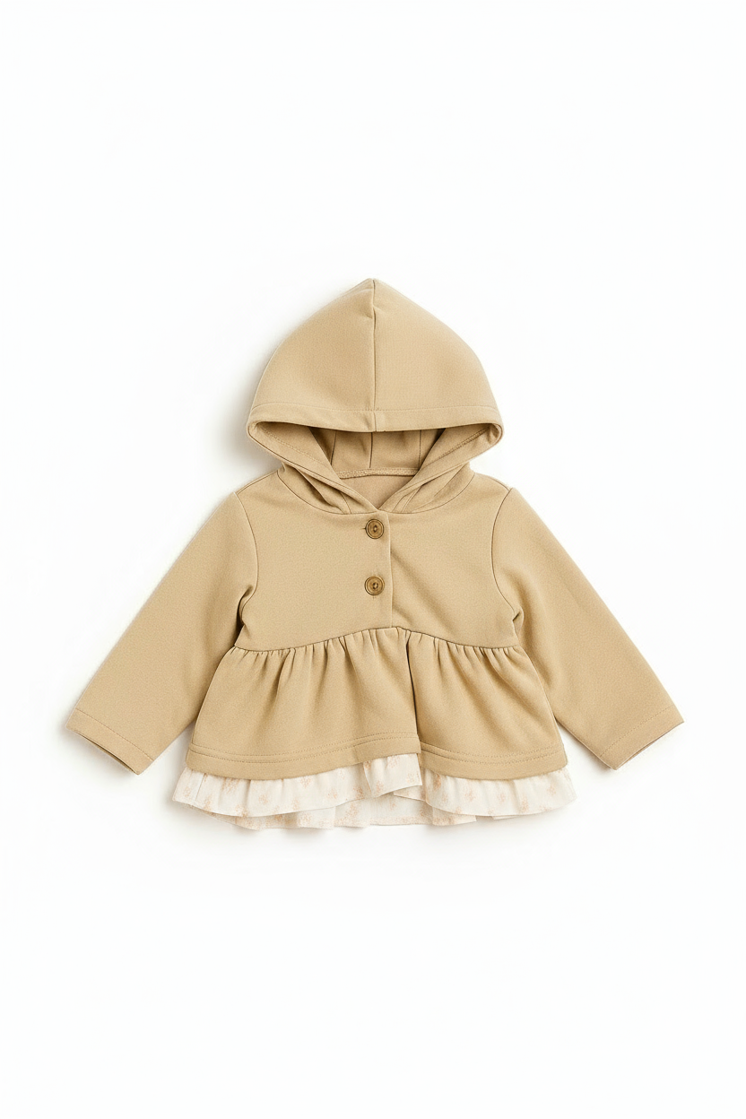 Beige HG Shirt with Hood and Bottom Ruffle, Muslin
