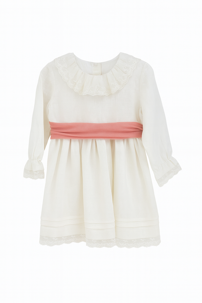 Vestido HG em linho  bege c/faixa em tule