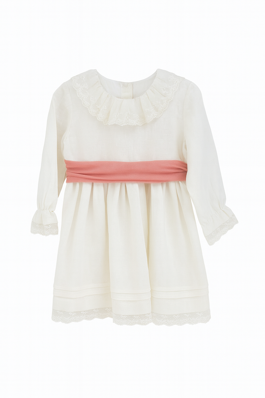 Vestido HG em linho  bege c/faixa em tule