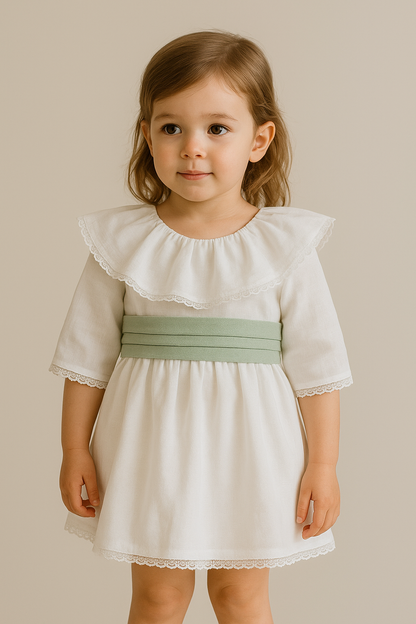 White linen dress with collar and sleeves