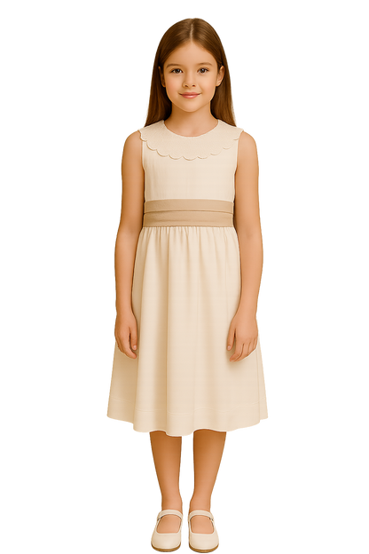 Vestido em linho branco c/faixa bege e pormenores de renda
