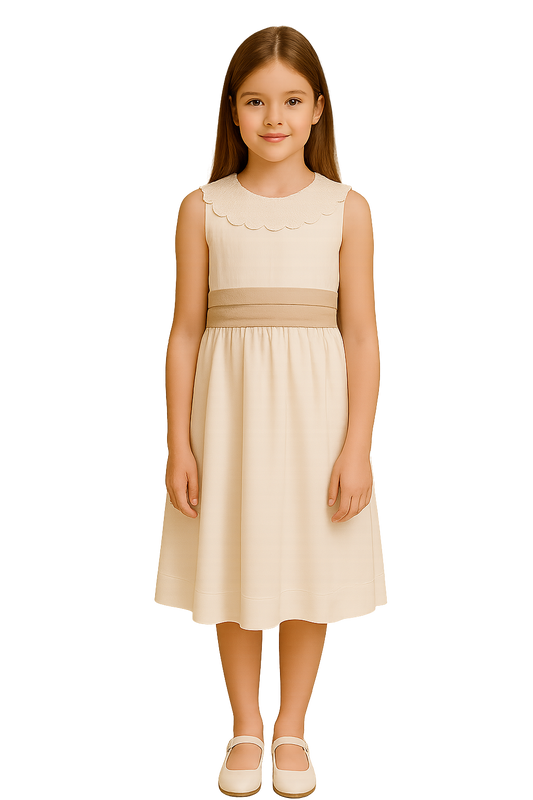 Vestido em linho branco c/faixa bege e pormenores de renda