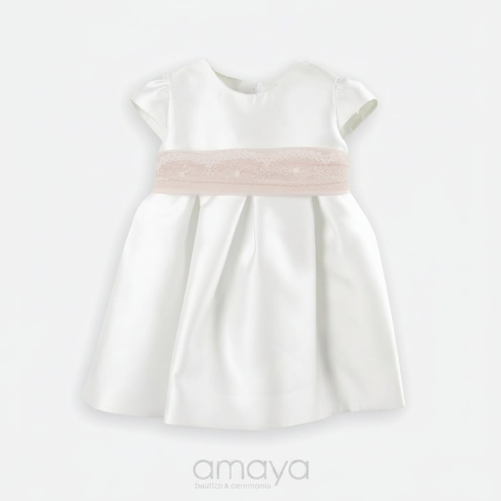 Vestido bebé Amaya em micado cru e rosa vista frontal