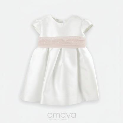 Vestido bebé Amaya em micado cru e rosa vista frontal