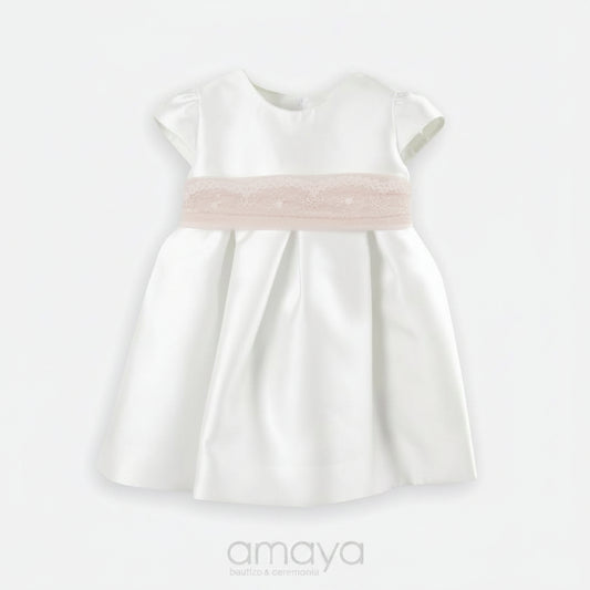 Vestido bebé Amaya em micado cru e rosa vista frontal