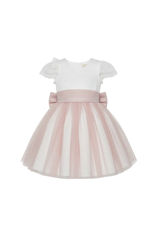 Vestido amaya c/ tule rosa e manga c/ renda